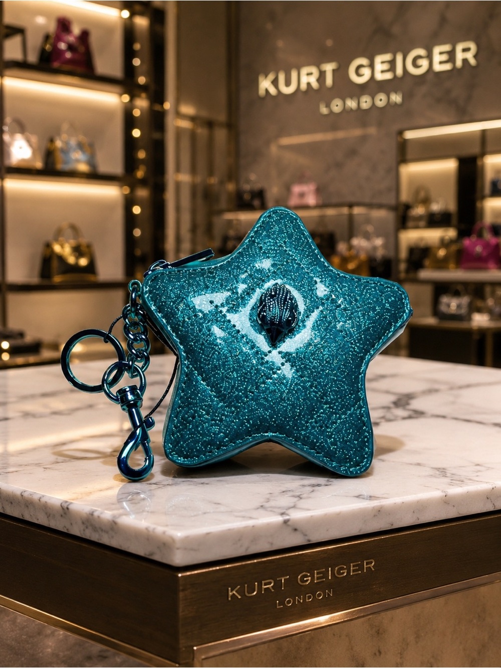 Kurt Geiger Sold Out Teal Glitter Star Keyring Mini Bag